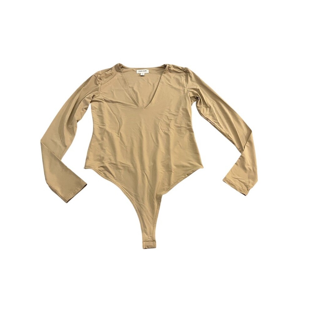 Open Edit Bodysuit Womens Size M Beige Nude Long Sleeve Deep V-Neck